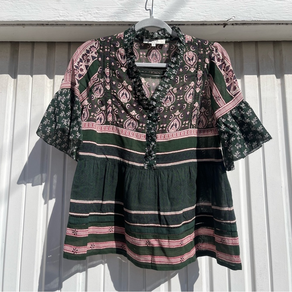 SEA NEW YORK green pink striped floral border print bell peplum short sleeve